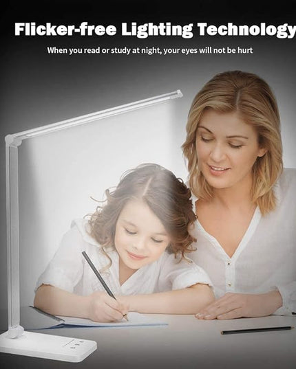 Led Desk Lamp, Desk Lamp with USB Charging Port, 5 Color Modes, 10 Brightness, Natural Light, Eye Caring Reading Lamp, Desk Light for Home Office, Table Lamp, Touch Control, Auto-Timer, White - LeafyLoom