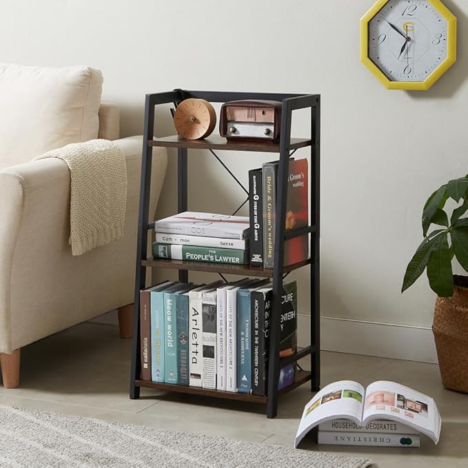 3 Tier Bookshelf, Industrial Bookcase Wood Storage Shelf with Metal Frame for Living Room, Bedroom and Office - LeafyLoom