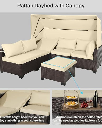 6 PCS Outdoor Patio Furniture Set,Sectional Sofa Set,Rattan Daybed with Retractable Canopy,Adjustable Backrest,Storage Coffee Table,Chaise Chair Sunbed for Porch Garden Poolside Backyard(Beige) - LeafyLoom
