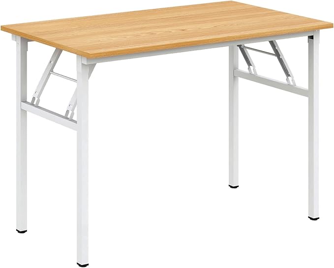 Need Folding Desk for Home Office 39-3/8 inch Length Modern Folding Table Computer Desk No Install Needed Teak Color Desktop White Frame AC5BW(100 * 60) - LeafyLoom
