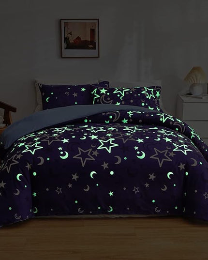 Feelyou Galaxy Glow in The Dark Comforter Set for Girls Kids Queen Purple Universe Starry Night Bedding Set Super Soft Outer Space Stars Moon Comforter Girl Bedroom Glow Decor Bedding Quilted Duvet - LeafyLoom