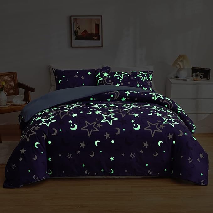 Feelyou Galaxy Glow in The Dark Comforter Set for Girls Kids Full Purple Universe Starry Night Bedding Set Super Soft Outer Space Stars Moon Comforter Girl Bedroom Glow Decor Bedding Quilted Duvet - LeafyLoom
