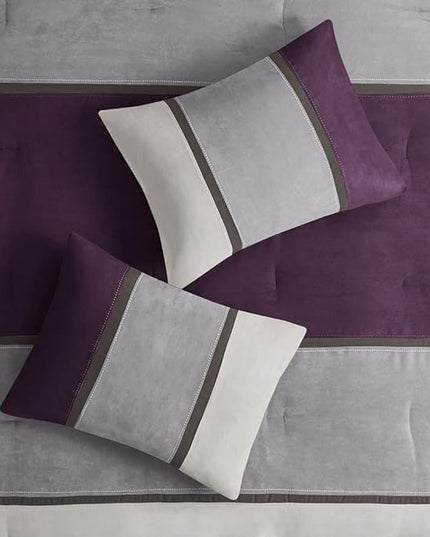 Madison Park Palisades Comforter Set Modern Faux Suede Pieced Stripe Design, All Season Down Alternative Cozy Bedding with Matching Shams, Decorative Pillows, King(104"x92"), Purple 7 Piece - LeafyLoom
