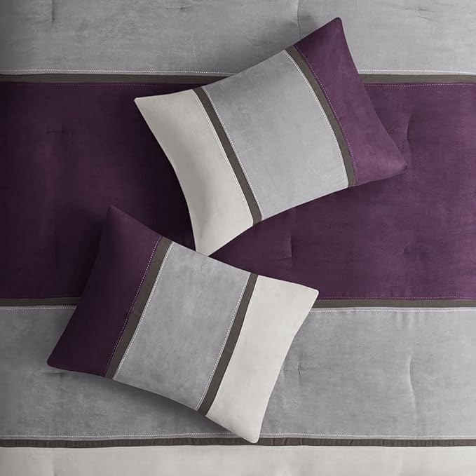 Madison Park Palisades Comforter Set Modern Faux Suede Pieced Stripe Design, All Season Down Alternative Cozy Bedding with Matching Shams, Decorative Pillows, King(104"x92"), Purple 7 Piece - LeafyLoom