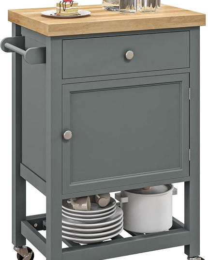 HOMCOM Utility Kitchen Cart, Rolling Kitchen Island with Smooth Rubberwood Top, Narrow Butcher Block Surface on Wheels with Storage Drawer & Cabinet, Gray - LeafyLoom