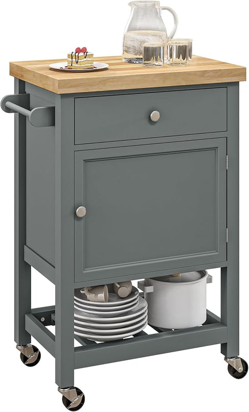 HOMCOM Utility Kitchen Cart, Rolling Kitchen Island with Smooth Rubberwood Top, Narrow Butcher Block Surface on Wheels with Storage Drawer & Cabinet, Gray - LeafyLoom