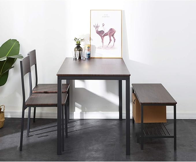 SDHYL Dining Table Set for 4, with Two Chairs and One Bench/4 Piece Set, Wooden Table Top with Metal Legs for Breakfast in Living Room, Kitchen Room, Dining Room, Restaurant, Bistro - LeafyLoom