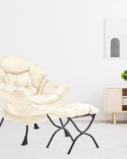 Lazy Chair with Folding Ottoman, Accent Chair Velvet Upholstered with Metal Structure and Non-Slip Pads, Sofa Armchair with Footrest and Side Storage Bag for Dorm, Room, Office, Beige - LeafyLoom