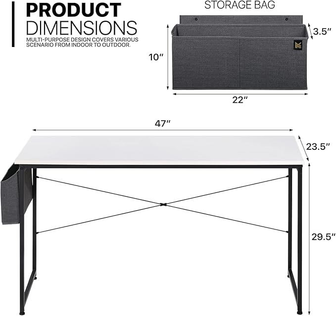 MoNiBloom Computer Desk 47 Inches with A Storage Bag, Student Laptop Writing Desks for Samll Space Home Office, White - LeafyLoom