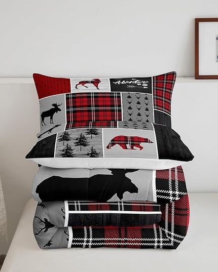 Deer Antlers Bear Kids Comforter Set Twin Size,Plaids Boho Arrows Patchwork Bedding Set for Boys Girls Adults Room Decor,Rustic Adventure Xmas Down Comforter,Red Retro Duvet Insert,1 Pillowcase - LeafyLoom