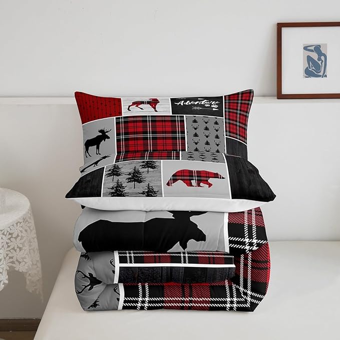Deer Antlers Bear Kids Comforter Set Full Size,Plaids Boho Arrows Patchwork Bedding Set for Boys Girls Adults Room Decor,Rustic Adventure Xmas Down Comforter,Red Retro Duvet Insert,2 Pillowcases - LeafyLoom