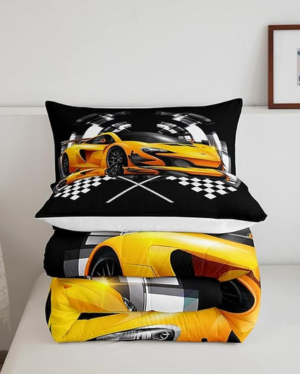 Yellow Race Car Bedding Set Twin Size,Black and White Grid Duvet Insert with 1 Pillowcase,Extreme Sport Games Comforter Set 2pcs for Kids Teens Boys Room Decor, Soft Modern Bed Quilt - LeafyLoom