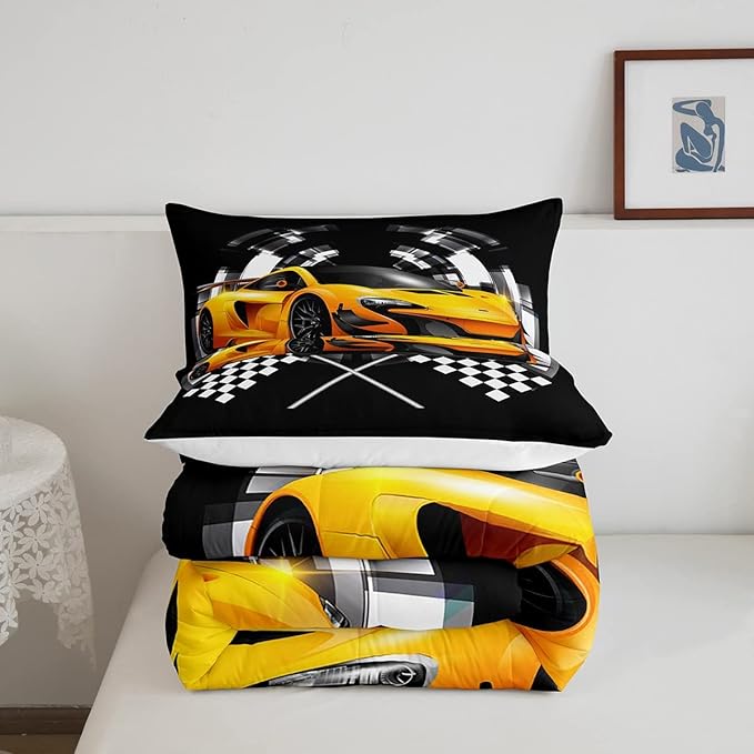Yellow Race Car Bedding Set Twin Size,Black and White Grid Duvet Insert with 1 Pillowcase,Extreme Sport Games Comforter Set 2pcs for Kids Teens Boys Room Decor, Soft Modern Bed Quilt - LeafyLoom