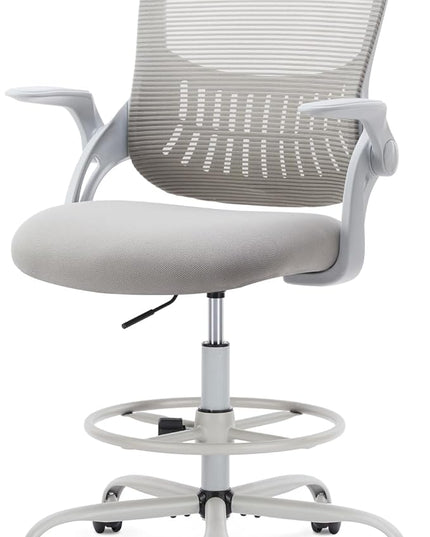 Sweetcrispy Home Office Drafting Desk Chair - Ergonomic High Stool Computer with Adjustable Height and Comfy Lumbar Support, Tall Rolling Task for Standing Desk with Flip-up Arm and Footrest, Grey - LeafyLoom