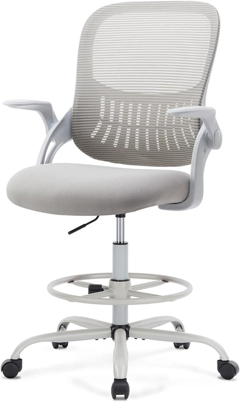 Sweetcrispy Home Office Drafting Desk Chair - Ergonomic High Stool Computer with Adjustable Height and Comfy Lumbar Support, Tall Rolling Task for Standing Desk with Flip-up Arm and Footrest, Grey - LeafyLoom