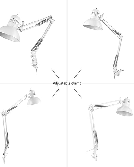 Globe Electric 52847 31.5" Swing Arm Clamp-On Desk Lamp, Glossy White, Nickel Accents, On/Off Rotary Switch, Partially Adjustable Swing Arm, Reading Light, Home Essentials, Office Décor - LeafyLoom