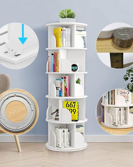 Nisorpa 5 Tier Rotating Bookshelf, 360° Revolving Bookcase Rotating Stackable Shelves Floor-Standing Storage Display Rack Used in Bedrooms Living Rooms Study Office (63"x18"x18") - LeafyLoom