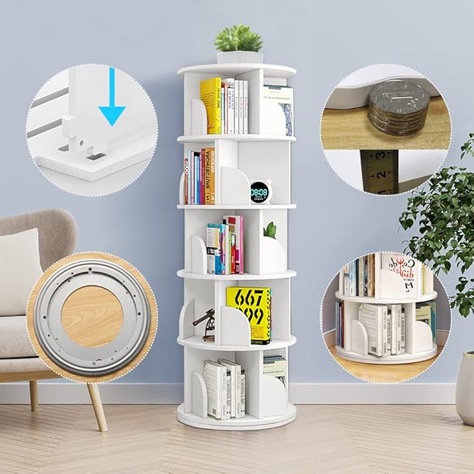 Nisorpa 5 Tier Rotating Bookshelf, 360° Revolving Bookcase Rotating Stackable Shelves Floor-Standing Storage Display Rack Used in Bedrooms Living Rooms Study Office (63"x18"x18") - LeafyLoom