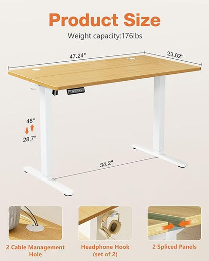 Sweetcrispy Electric Adjustable Height Standing Desk - 48 x 24 inch Sit to Stand Up Desk with Splice Board, Rising Home Office Computer Table with 2 Hook and Wire Hole for Work - LeafyLoom