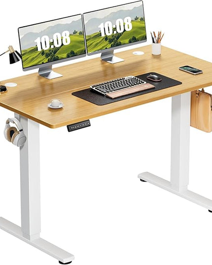 Sweetcrispy Electric Adjustable Height Standing Desk - 48 x 24 inch Sit to Stand Up Desk with Splice Board, Rising Home Office Computer Table with 2 Hook and Wire Hole for Work - LeafyLoom