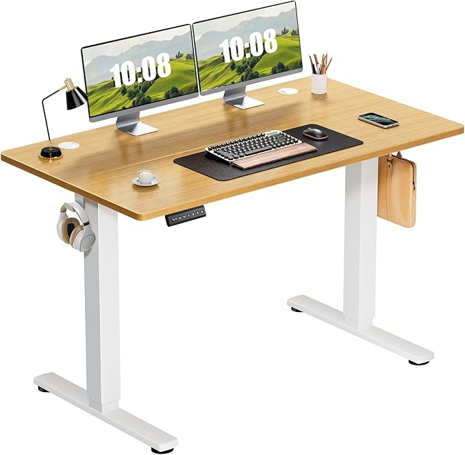 Sweetcrispy Electric Adjustable Height Standing Desk - 48 x 24 inch Sit to Stand Up Desk with Splice Board, Rising Home Office Computer Table with 2 Hook and Wire Hole for Work - LeafyLoom