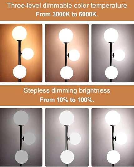 3 Globe Mid Century Modern Floor Lamp for Living Room Decor, Tall Standing Dimmable LED Light for Bedroom Office, Full Range Dimming, Adjustable Color Temperature 3000K-6000K, ETL Listed - Matte Black - LeafyLoom