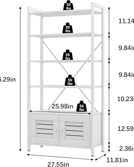 Storage Cabinet with 4 Open Shelves,1 Cupboard,White Bathroom Display Standing Shelf, White Wooden and Metal Frame Shelf for Living Room, Bathroom Bedroom, Home Office Organizer - LeafyLoom