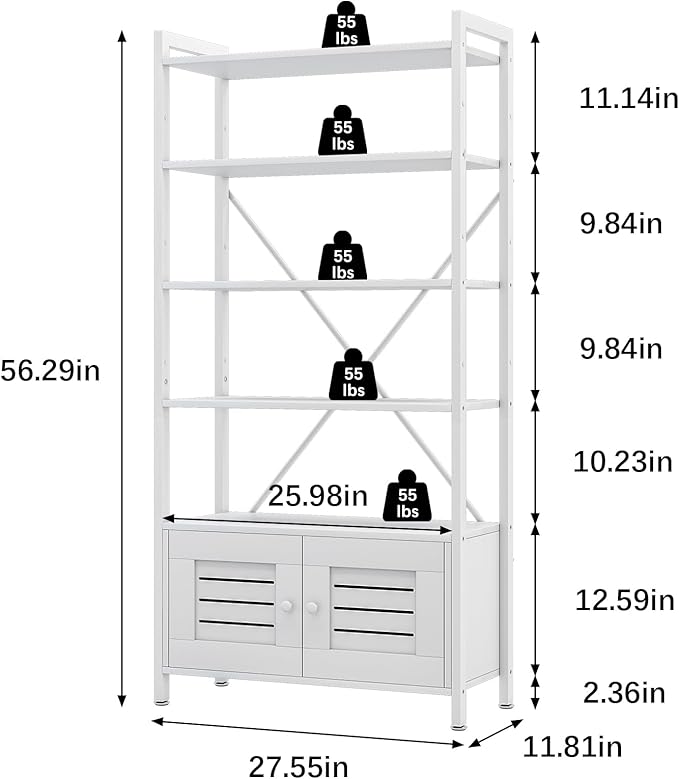 Storage Cabinet with 4 Open Shelves,1 Cupboard,White Bathroom Display Standing Shelf, White Wooden and Metal Frame Shelf for Living Room, Bathroom Bedroom, Home Office Organizer - LeafyLoom