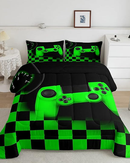 Gaming Bedding Set Queen Size Game Comforter Set for Boys Girls Kids Teens Soft Microfiber Green Modern Buttons Video Game Duvet Insert Gamer Room Decorative 3 Piece Bedding Set with 2 Pillow Shams - LeafyLoom