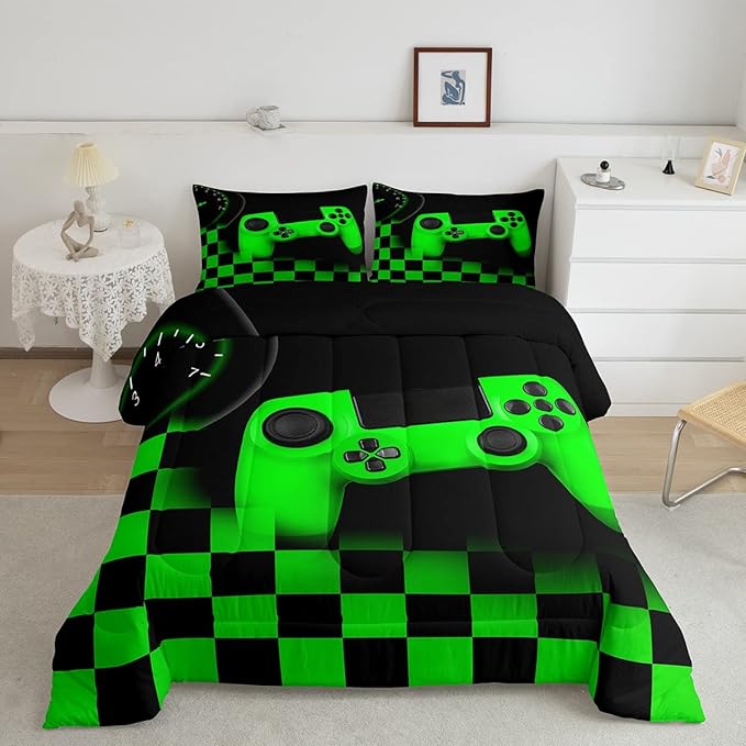 Gaming Bedding Set Queen Size Game Comforter Set for Boys Girls Kids Teens Soft Microfiber Green Modern Buttons Video Game Duvet Insert Gamer Room Decorative 3 Piece Bedding Set with 2 Pillow Shams - LeafyLoom