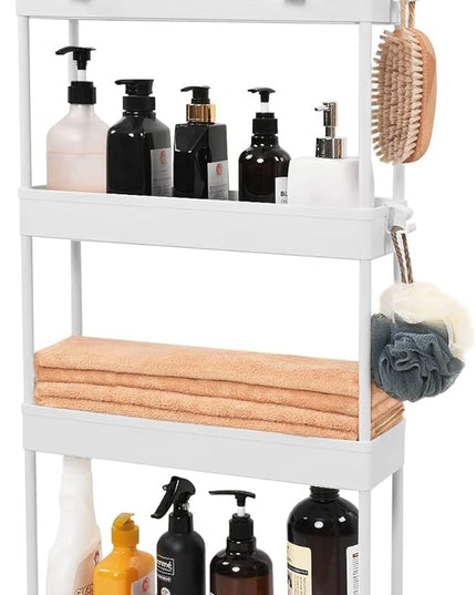 Arogan Slim Rolling Storage Cart with Wheels, 4 Tier Bathroom Storage Cart Laundry Room Organizer, Rolling Utility Cart for Kitchen, Bathroom, Laundry Room, Office, Narrow Place (White) - LeafyLoom