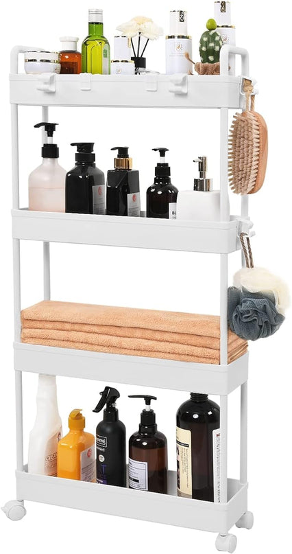 Arogan Slim Rolling Storage Cart with Wheels, 4 Tier Bathroom Storage Cart Laundry Room Organizer, Rolling Utility Cart for Kitchen, Bathroom, Laundry Room, Office, Narrow Place (White) - LeafyLoom