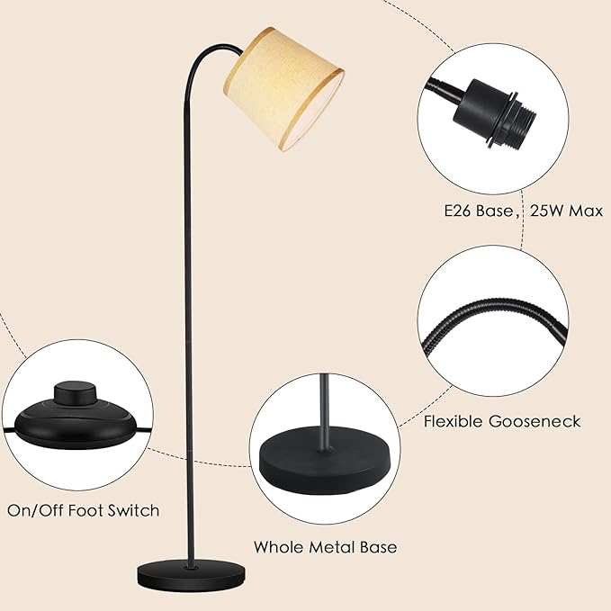 LED Floor Lamp, Standing Lamp for Living Room with Linen Lamp Shade,Adjustable Gooseneck Modern Reading Light,Floor Lamps for Bedroom,Office,Farmhouse,12W LED Bulb Included - LeafyLoom
