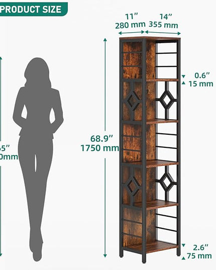 YITAHOME Narrow Bookshelf, 5-Tier Industrial Book Shelf Storage Rack, Display Shelves Stand Etagere for Small Spaces, Open Bookcase for Bedroom Living Room Bathroom Kitchen, Rustic Brown - LeafyLoom