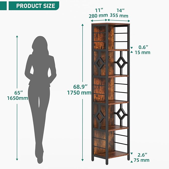 YITAHOME Narrow Bookshelf, 5-Tier Industrial Book Shelf Storage Rack, Display Shelves Stand Etagere for Small Spaces, Open Bookcase for Bedroom Living Room Bathroom Kitchen, Rustic Brown - LeafyLoom