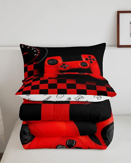 Erosebridal Gamer Bedding Sets for Boys，Gaming Comforter Sets King for Kids Teen Boys Gamer Room Decor,Video Game Gamepad Duvet Insert,Plaid Check Grid Artwork Down Comforter 3pcs,Black Red - LeafyLoom