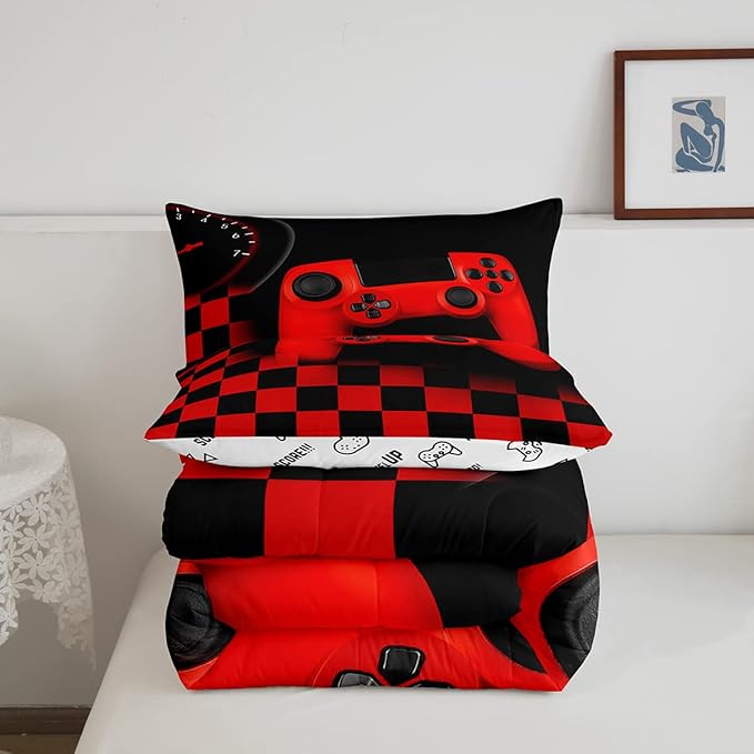 Erosebridal Gamer Bedding Sets for Boys，Gaming Comforter Sets King for Kids Teen Boys Gamer Room Decor,Video Game Gamepad Duvet Insert,Plaid Check Grid Artwork Down Comforter 3pcs,Black Red - LeafyLoom