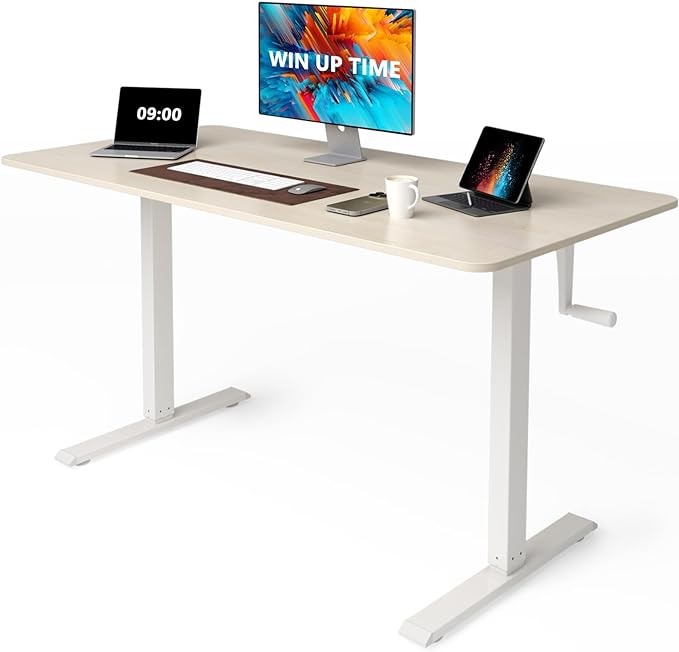 Whole Piece Top Manual Standing Desk Adjustable Height- Crank Stand Up Desk, Sit Stand Desk with Frame & Desktop,Maple Computer Desk - LeafyLoom