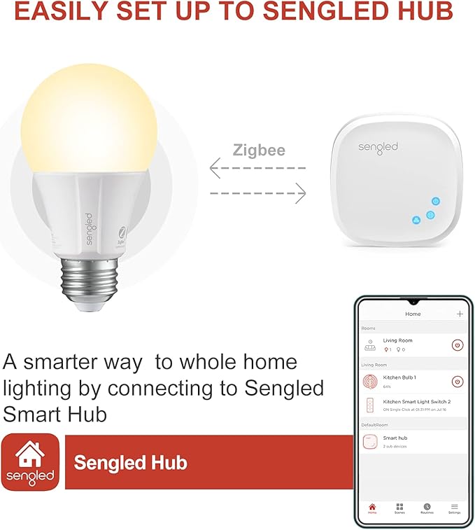 Sengled Zigbee Smart Light Bulbs, Smart Hub Required, Works with SmartThings and Echo with Built-in Hub, Voice Control with Alexa and Google Home, Soft White 60W Eqv. A19 Alexa Light Bulb, 2 Pack Sengled