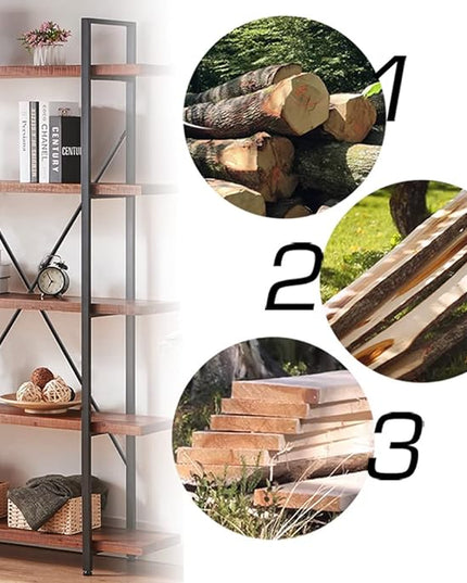 HSH Natural Real Wood Bookcase, 5 Tier Industrial Rustic Vintage Etagere Bookshelf, Open Metal Farmhouse Solid Wooden Book Shelf, Distressed Brown - LeafyLoom