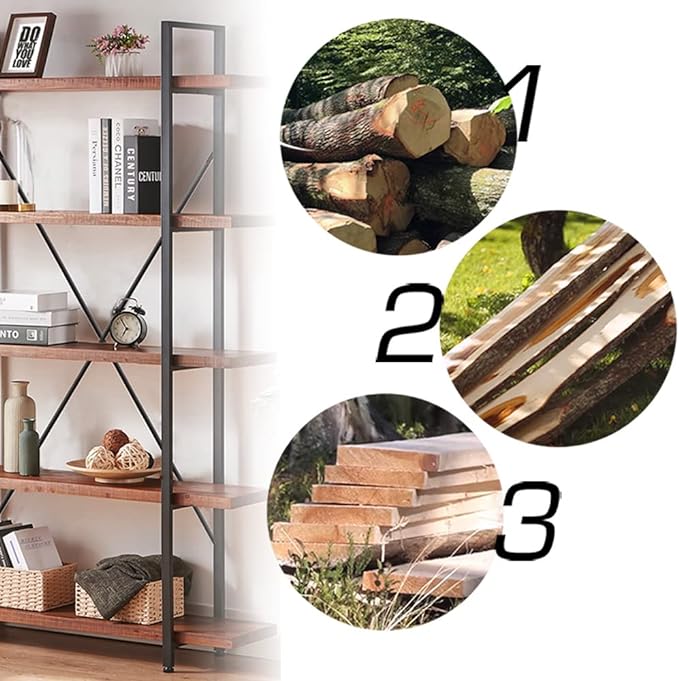 HSH Natural Real Wood Bookcase, 5 Tier Industrial Rustic Vintage Etagere Bookshelf, Open Metal Farmhouse Solid Wooden Book Shelf, Distressed Brown - LeafyLoom