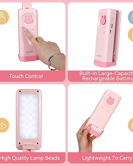 VAVOFO Desk Lamp Foldable Portable Cute Desk Lamp, Battery Powered Desk Lamp, Built-in 6000mAh Rechargeable, 3 Color Warm Pink Desk Lamp, USB C Rechargeable Desk Lamp, Cordless Desk Lamp, Battery Lamp - LeafyLoom