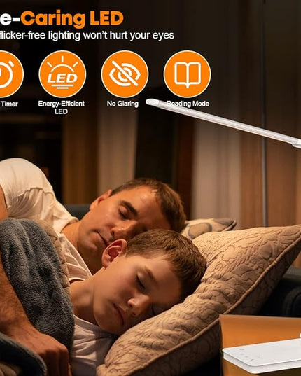 Desk Lamp Eye-Caring LED Table Lamp Dimmable Bedside Lamp with 2 USB Charging Ports and 10 Brightness Levels x 5 Colour Modes Touch Control Daylight Lamp for Office, Bedside, Reading- Auto Timer - LeafyLoom
