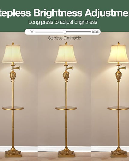 Traditional LED Floor Lamp with 350° Adjustable Swing Arm Lamp – Vintage Standing Pole lamp for Living Room, Bedroom and Office – Rustic Upright Floor Light for Home Décor with Silk Fabric Shade - LeafyLoom