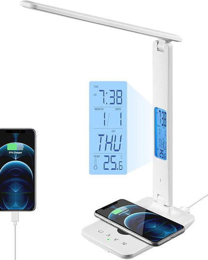 poukaran LED Desk Lamp with Wireless Charger, USB Charging Port, Office Table Lamp with Clock, Alarm, Date, Temperature for Home Office, White - LeafyLoom