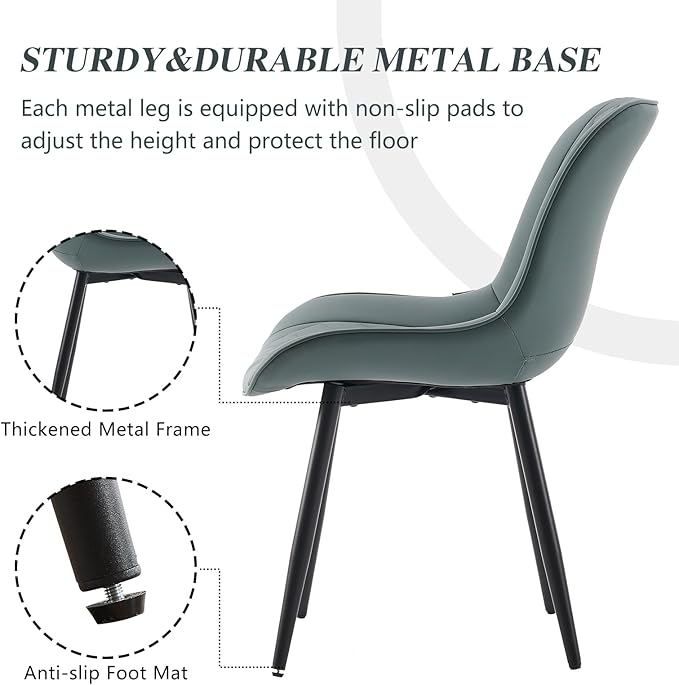 YOUNIKE Dining Chairs set of 2 with High Back Mid Century Modern Kitchen & Dining Room Chairs PU Faux Leather Upholstered sillas de comedor Comfortable Padded Accent Chair with Metal Leg Greyish Green - LeafyLoom
