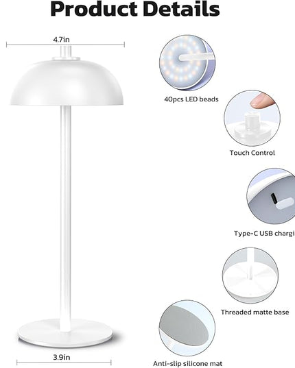 2 Pack Cordless Table Lamp, 5000mAh Portable Rechargeable Table Lamp, 3 Color Modes Stepless Dimming Table Light with Memory Function, for Dinner, Patio, Home, Restaurant.(White) - LeafyLoom