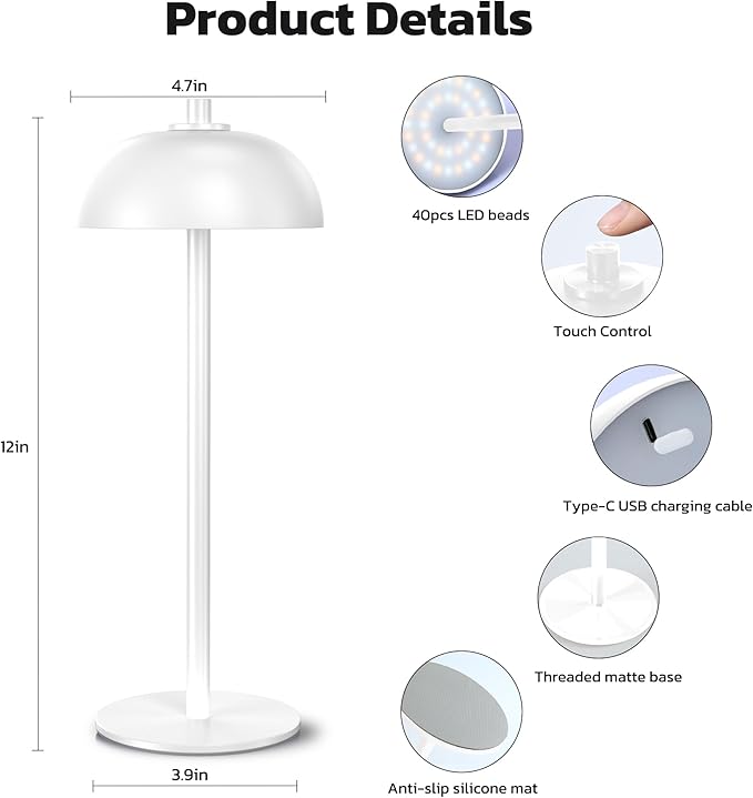 2 Pack Cordless Table Lamp, 5000mAh Portable Rechargeable Table Lamp, 3 Color Modes Stepless Dimming Table Light with Memory Function, for Dinner, Patio, Home, Restaurant.(White) - LeafyLoom