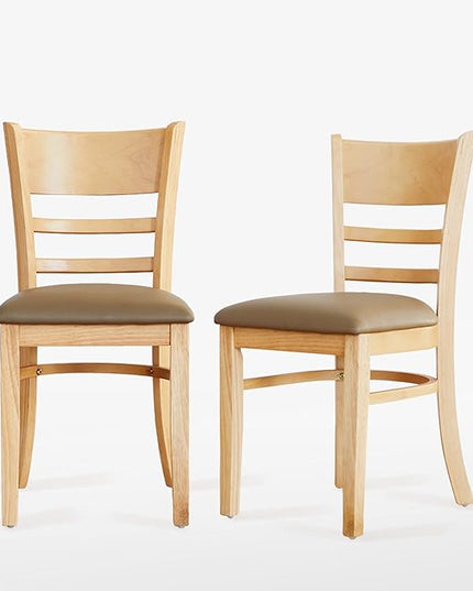 Livinia Cabin Dining Chair Set of 2, Solid Malaysian Oak PU Leather Upholstered Cushion Seat Wooden Ladder Back Side Chairs (Natural-Oak) Assembly Required - LeafyLoom