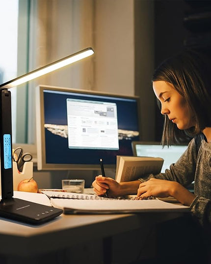 LAOPAO LED Desk Lamp with Wireless Charger, USB Charging Port, Adjustable & Foldable with Clock, Alarm, Date, Temperature, 5-Level Dimmable Lighting, for Office with Adapter - LeafyLoom